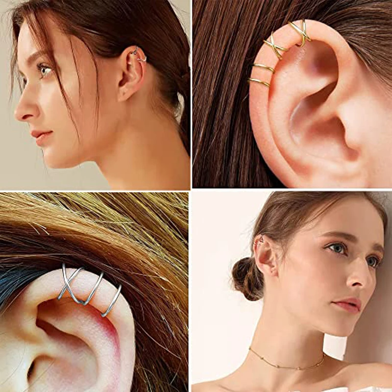 Ear Clip Earrings 4 Pcs Stainless Steel Ear Cuff Criss Cross Double Lines Non Piercing Minimalist fake Helix Earcuff Cartilage Earring ear clip earrings,clip earrings,ear clip,ear accessories