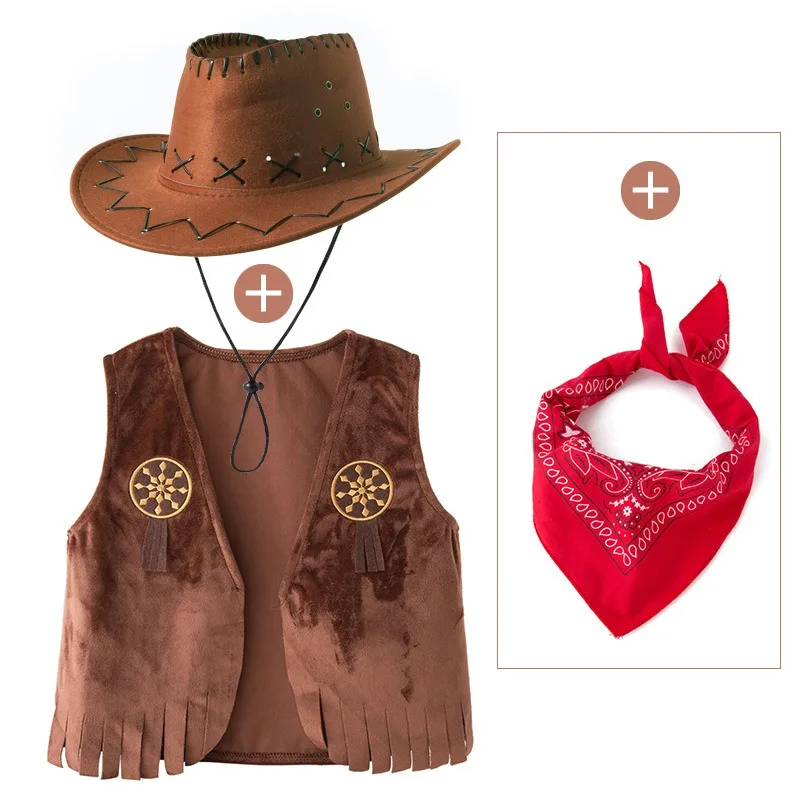 키즈 브라운 스웨이드 소년 조끼 세트(스카프 모자 포함) 휴일 의상 역할극 무대 공연 의상