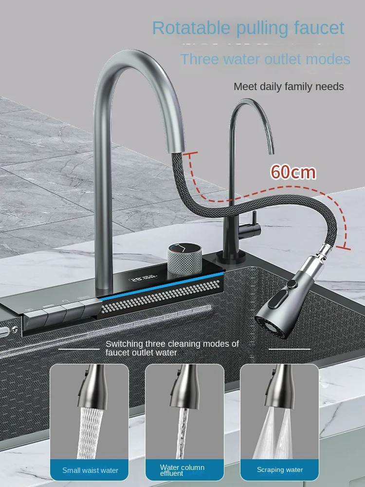 Mexican inclusive tax Hot sale modern multifunction waterfall kitchen sink 304 stainless steel single bowl black rainfall kitche 3