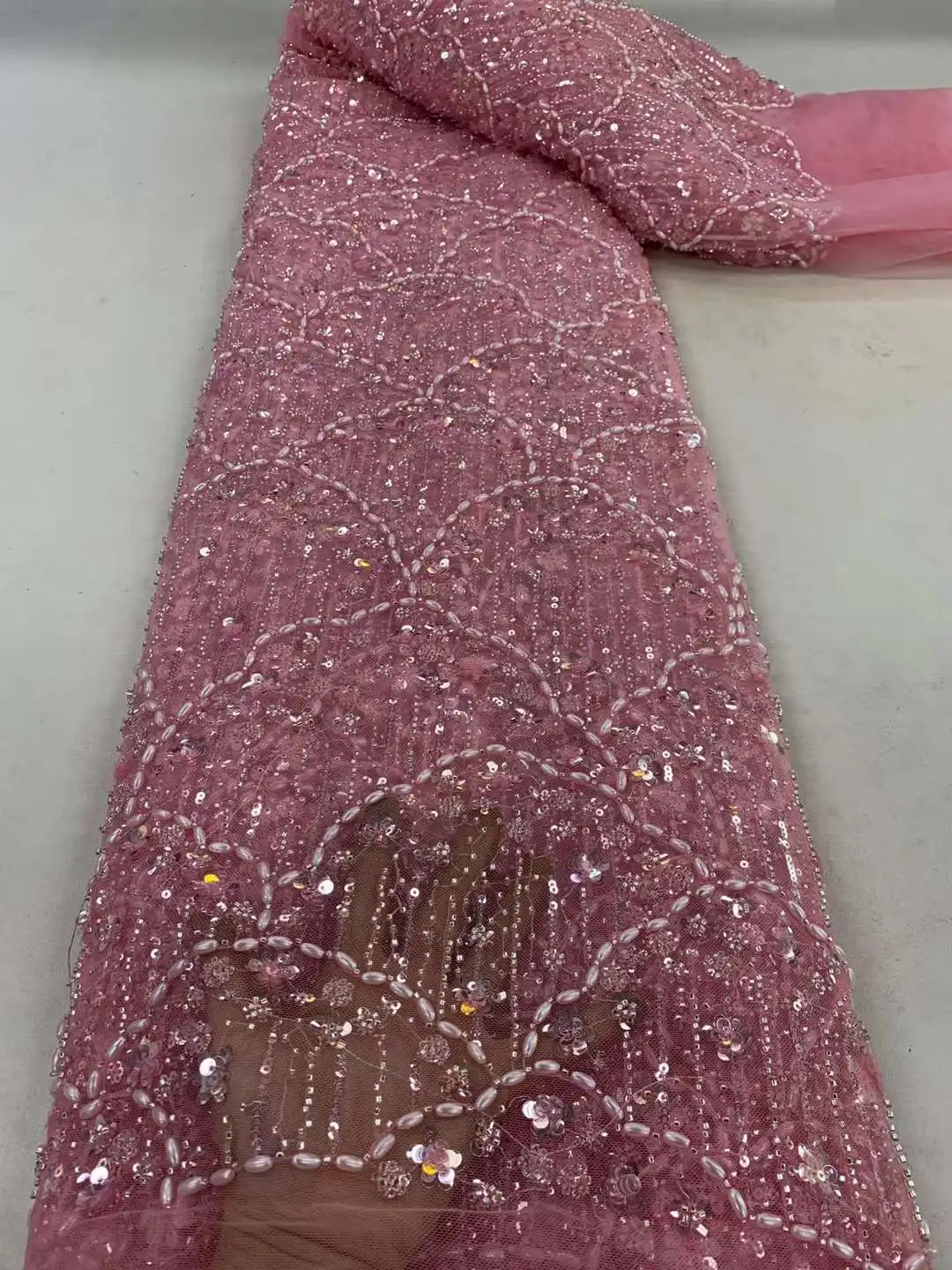 

Pink Fashion Latest Africa Embroidered Tulle Net Fabric With Beads High Quality Luxury Sequins Net Lace Evening Party Dress