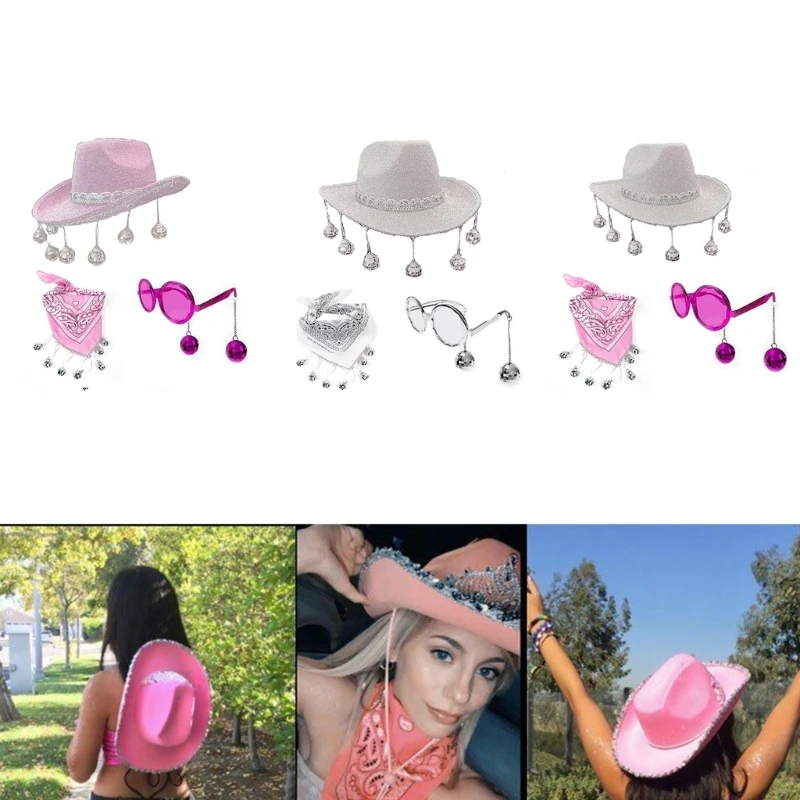 

Patterned Bandana & Weatern Cowboy Hat & Pendant Sunglasses Set,Discos Party Cowgirl Costume 3 Pieces Set