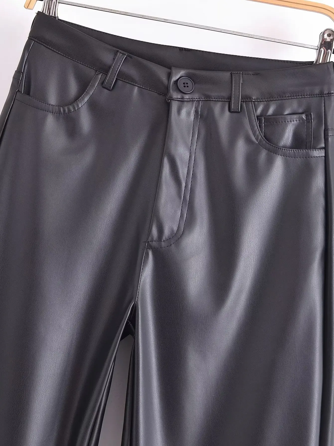 Dave&Di Fashion Girl High Street Leather Pants Women High  Loose Wide Leg Waist Pants Female Winter Trousers
