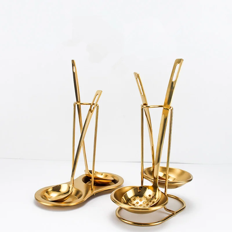 Gold Stainless Steel Food Clip Soup Spoon Colander Cooking Spoon With Storage Stand Kitchen Utensils Skimmer Frying Spatula kitchen utensils
