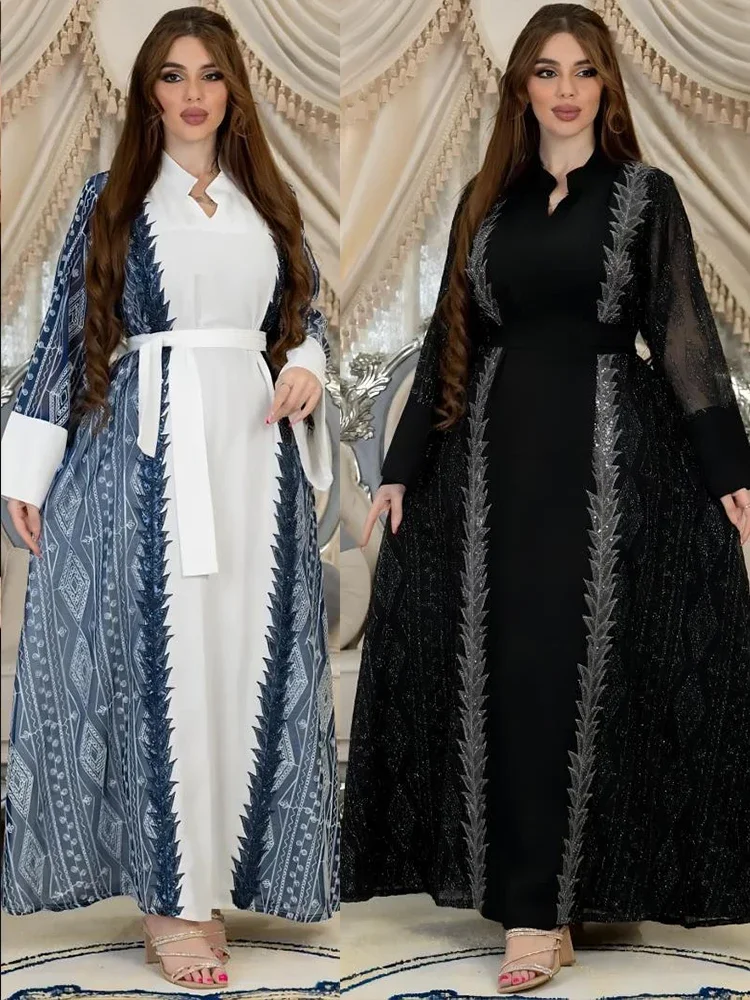 여성용 두바이 아랍 무슬림 파티 드레스, 아바야 레이스업 자수 스탠드 칼라, 우아한 긴 로브, Jalabiya Vestidos Mujer 2023 