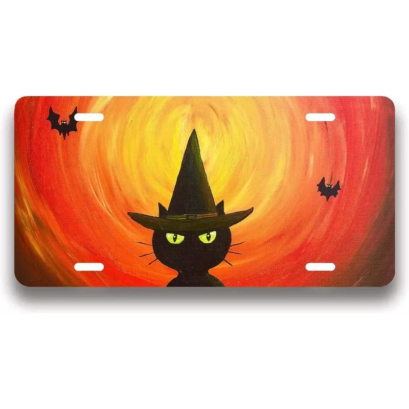 

Halloween Front License Plate Covers Cats and Bats Tin Signs Funny Decorative Front of Car Vanity Tag Metal Novelty Car Plates