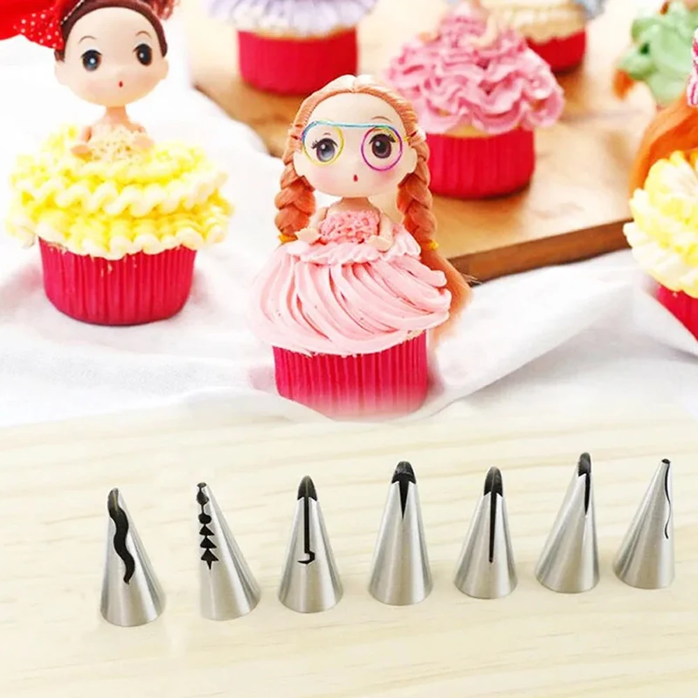 Stainless Steel Cake Nozzle Tube Head DIY Pastry Puff Skirt Icing Piping Nozzles Cake Decorating Supplies Baking Set Tools 7PCS cake decorating tip set,cake icing nozzles,baking nozzle set,cake decorating nozzle set,baking supplies