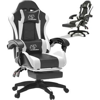 Computer Gaming Chair, Ergonomic Gaming Chair, Leather Office Chairs with Foot Rest, Back Recliner Height Adjustable White+Black 1