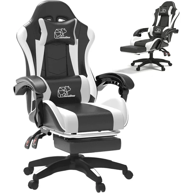 Computer Gaming Chair, Ergonomic Gaming Chair, Leather Office Chairs with Foot Rest, Back Recliner Height Adjustable White+Black