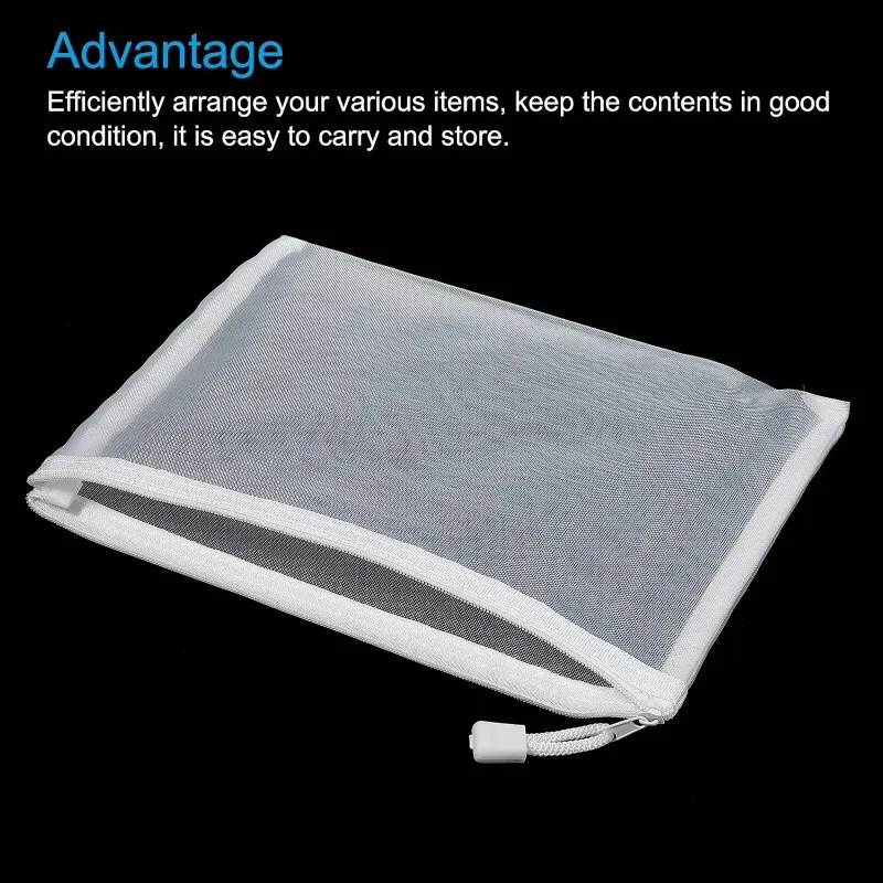 Translucent Mesh Cosmetic Bag Handheld White Border Document Pouch Stationery Supply Convenient Lightweight Zipper Storage Bags