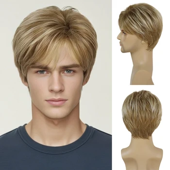 Parrucca da uomo corta diritta per capelli sintetici Parrucche resistenti al calore di colore biondo per feste in costume quotidiano di Halloween maschile dall'aspetto naturale