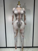 Women Sexy High Stretch Jumpsuit Long Sleeeve Holiday Party Cosplay Costume Nightclub Dancer Outfit Sparkly Diamond Stage Wear
