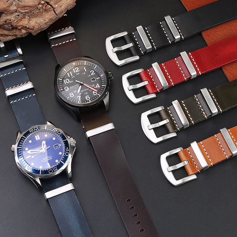 Cinturino In Pelle Di Vacchetta Per Omega Seamaster Seiko Hamilton Tudor Strap Retro One Piece Pass Belt Watch Band 18 20Mm 22Mm Belt