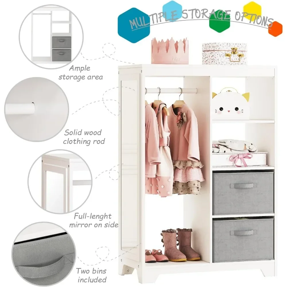 Children's Wardrobe with Long Mirror, Children's Wardrobe with 2 Storage Compartments, Hanging Clothing Wardrobe,