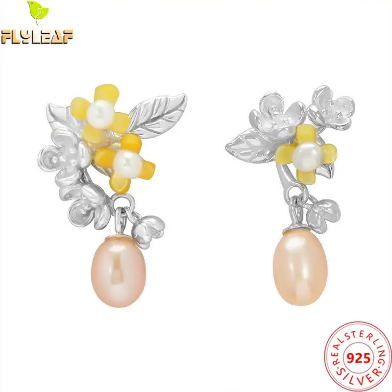 

Real 925 Sterling Silver Jewelry Asymmetric Freshwater Pearls Osmanthus Flowers Stud Earrings For Women Femme Luxury Accessories