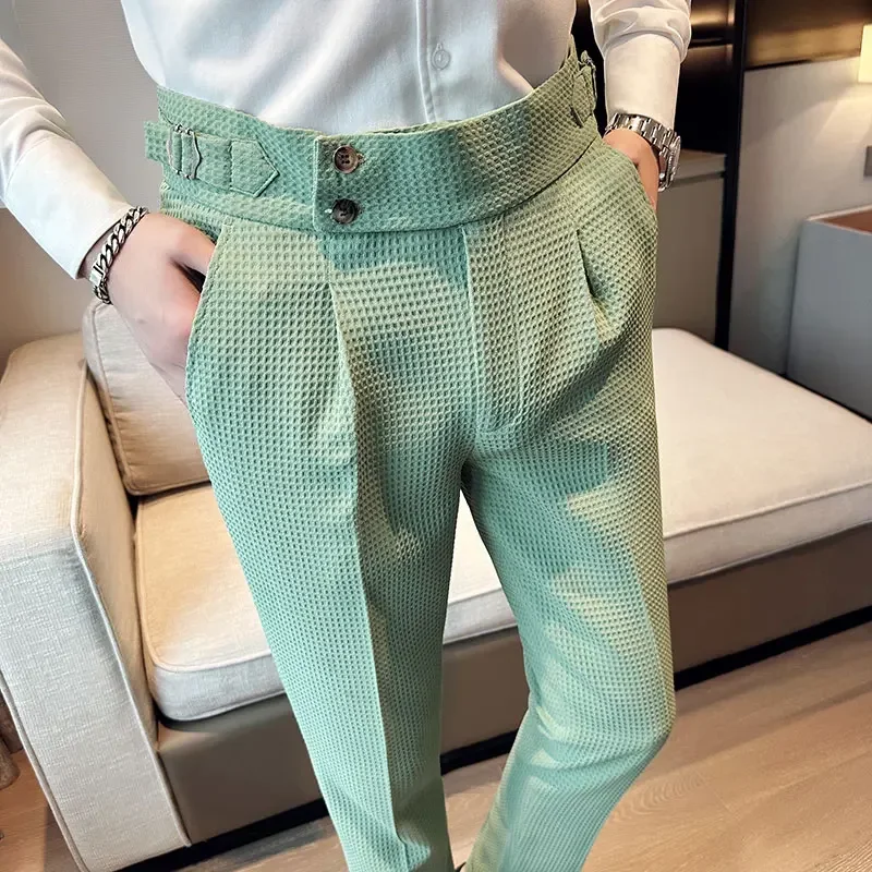 Autumn Winter Pantalones Hombre High Waist Waffle Business Casual Suit Pants for Men Clothing Slim Fit Formal Wear Trousers 36