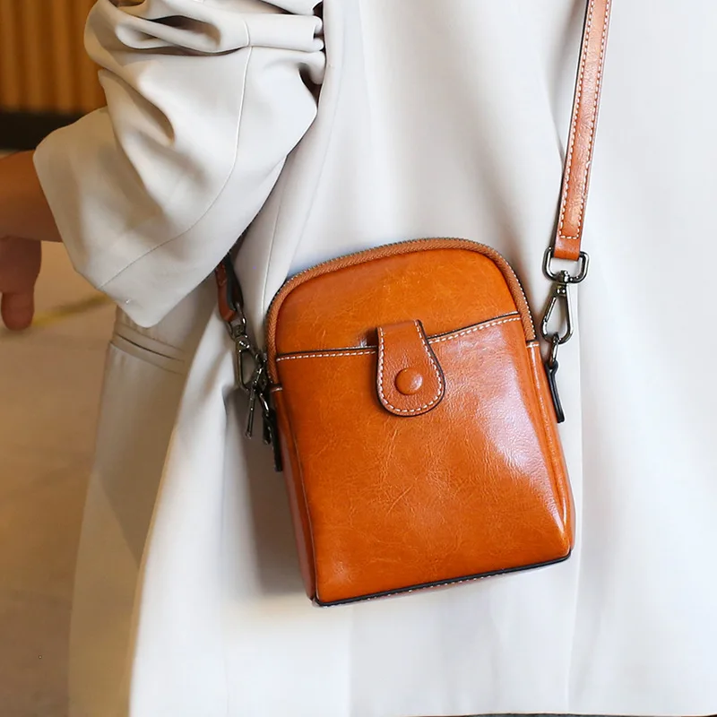 Real Cowhide Mobile Phone Bag Solid Small Messenger Women's Bag Summer Single Shoulder Crossbody Lady Soft Leather Purse