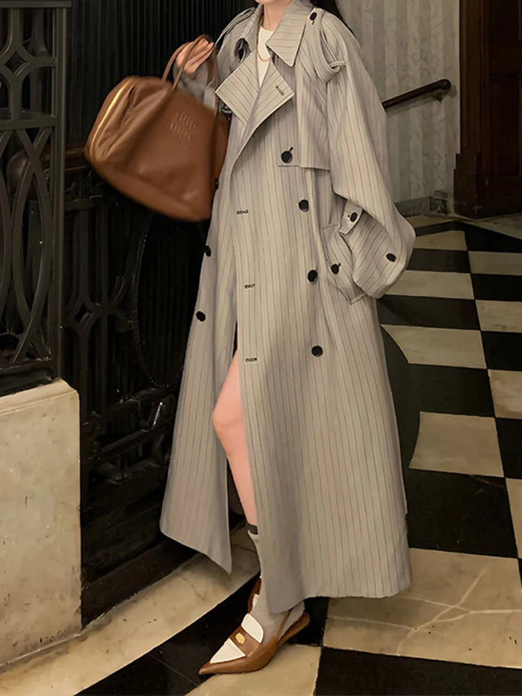 YERMORA Fashion Designer Long Trench Coat Women Lapel Double Breasted Belt Gathered Waist Windbreaker 2024 Autumn Winter New