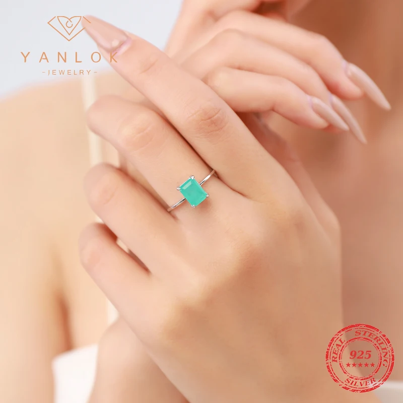 Silver Ring Gemstone Ring YANLOK Luxury Paraiba Tourmaline Ring 925 Sterling Silver Radiant Cut Finger Rings For Women Sterling Silver Fine Jewelry