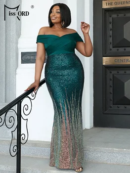 Missord 2026 New Plus Size Off Shoulder Green Sequin Mermaid Evening Gown Wedding Birthday Party High Quality Luxury Maxi Dress
