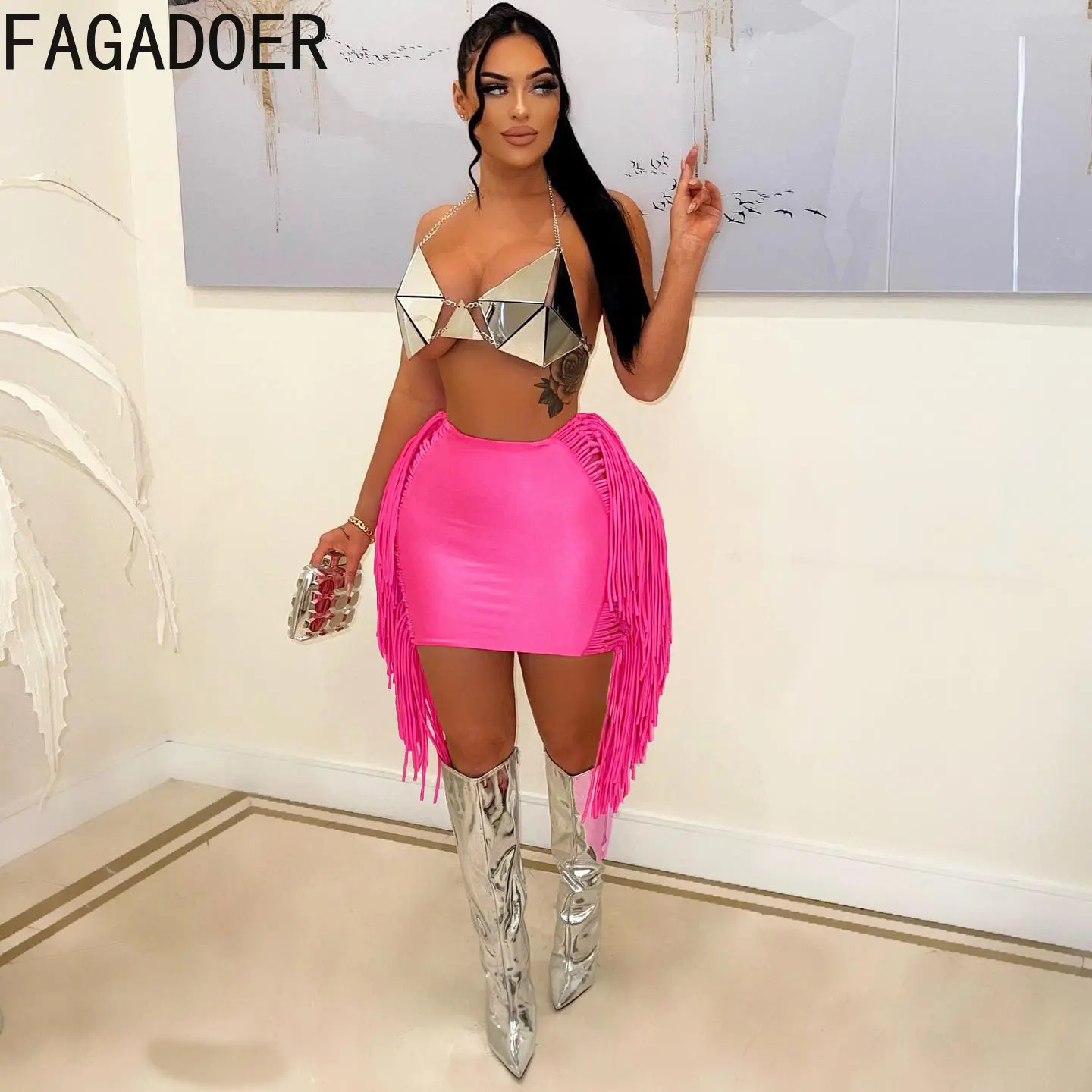 FAGADOER Sexy Tassel Bodycon Mini Skirts Party Club Outfits Women Fashion Chic Streetwear Short Birthday Holidays Skirt Solid - Image 3