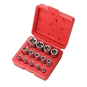 14Pcs E-Torx Hexagonal Plum Torque Socket Set with Case 1/4, 3/8, 1/2 in Drive Female External Star Socket Set E4-E24 Sockets