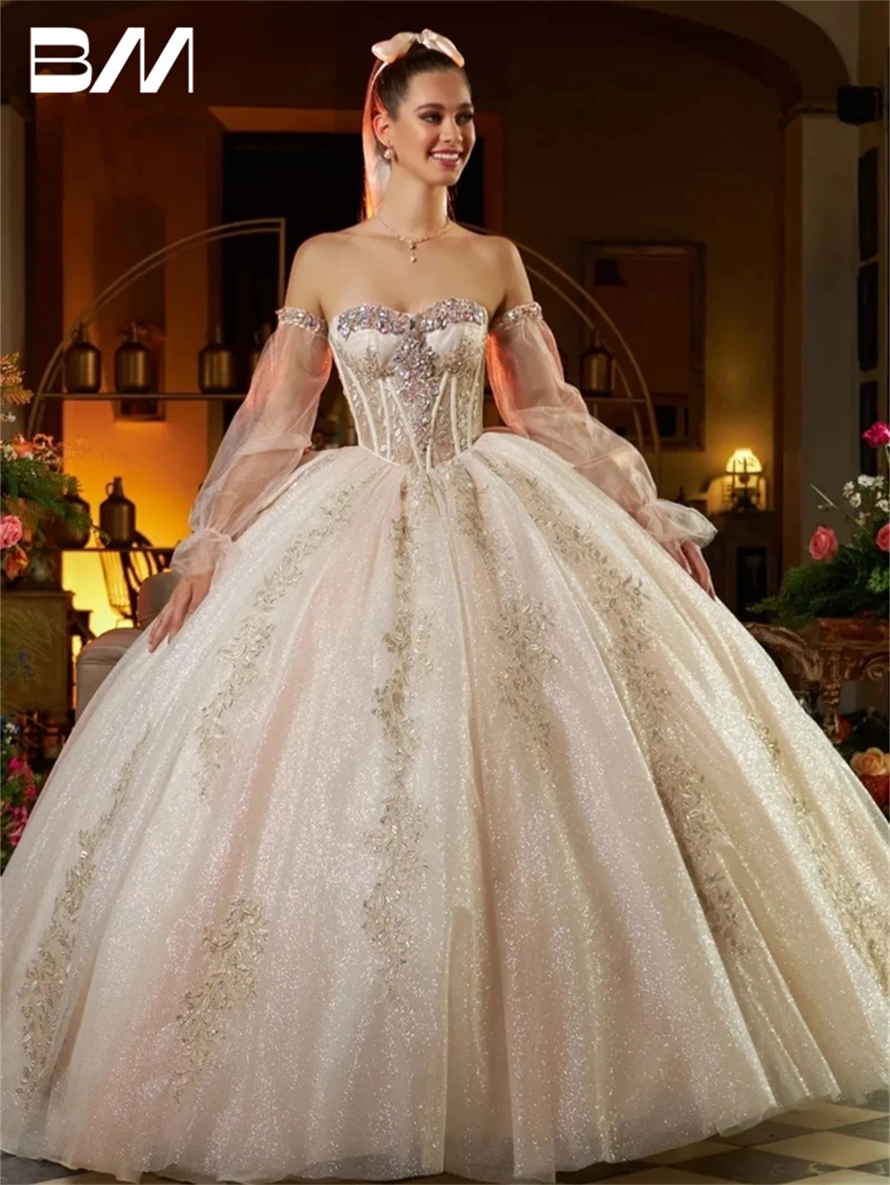

Champagne Glitter Tulle Quinceanera Dress 2024 Detachable Sleeves Beaded Sweet 15 16 Dresses Ball Gown Corset Party Gown