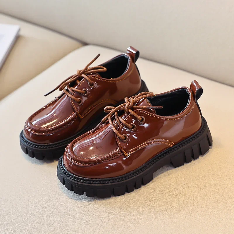 

Solid Brown Kid Shoes 2024 Autumn PU Unisex Shoes British Style Children Girls and Boys for Show Hot Casual School Shoes