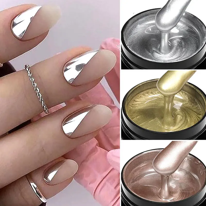 Gel Nail Polish Metallic Painting Chrome Gold Silver Rose Gold Mirror Effect Super Bright Drawing Line French Nail Art Varnish gel nail polish