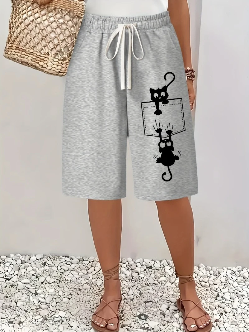 Vacation-Oriented Cute Cat Print Casual Shorts, Elegant Shorts for Women, Featuring a Double Pocket Design, Loose Fit 1