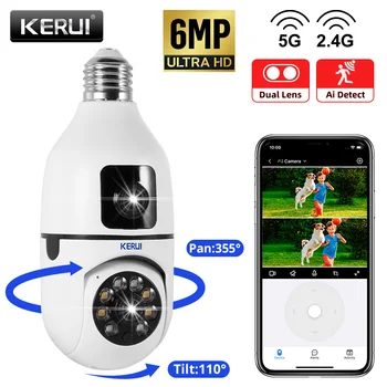KERUI 6MP Dual Lens WiFi IP Camera 5G Wireless E27 Bulb Camera PTZ with Auto Tracking Surveillance Camera for Home Monitoring 1