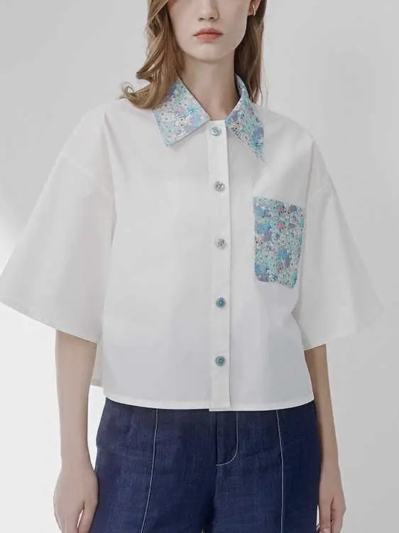 

Women's Rabbit Print Spliced Short Blouse Ladies Loose Casual Short Sleeve Single Breasted Shirt Tops 2023 Spring/Summer New