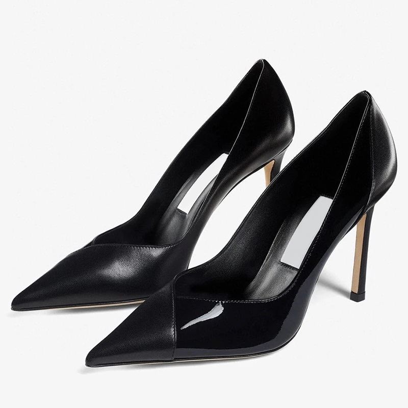 

Women High Heel Shoes Spring Autumn Cow Suede Splicing Patent Leather Upper Pointed Head Pumps Fashion Trend Female Single Shoes