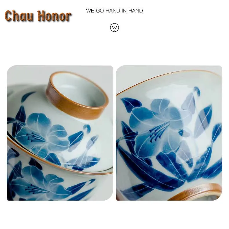 120ml Ancient Blue And White Ceramic Tea Tureen Hand Painted Lily Covered Bowl With Lid Tea Making Gaiwan Kung Fu Tea Set Gifts