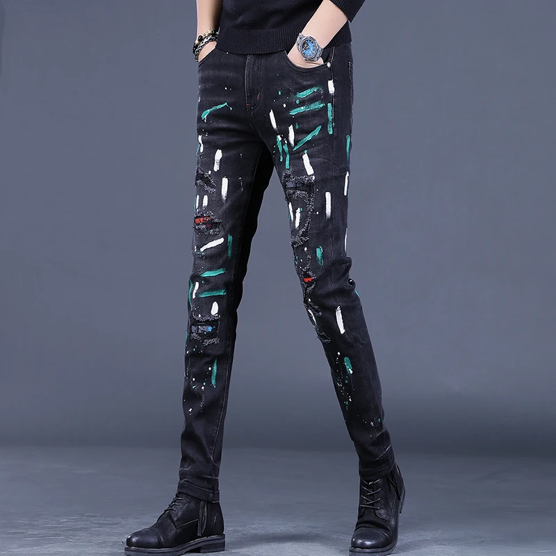 Black Ripped Patch Printed Jeans Men Autumn Casual Slim Fit Straight Pants Fashion Streetwear Stretch Denim Trousers