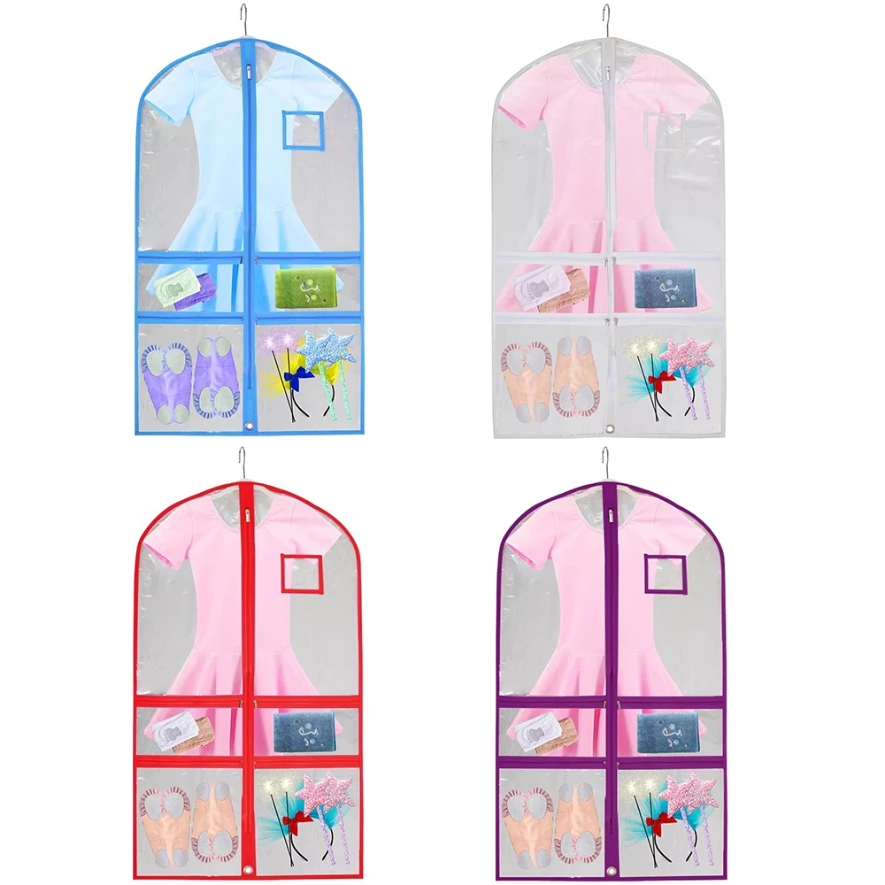 40'' Clear Kids Dance Costume Garment Bags for Dancers With Pockets PVC Waterproof Foldable Travel Hanging Clothes S