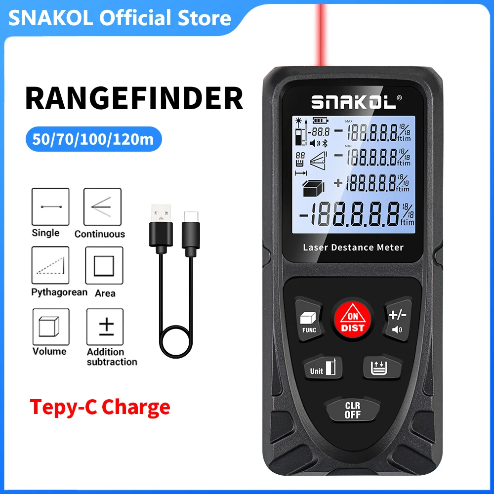 SNAKOL Laser Distance Meter Digital Rangefinder 50m 70m 100m 120m, professional roulette ruler laser tape measure with USB charge