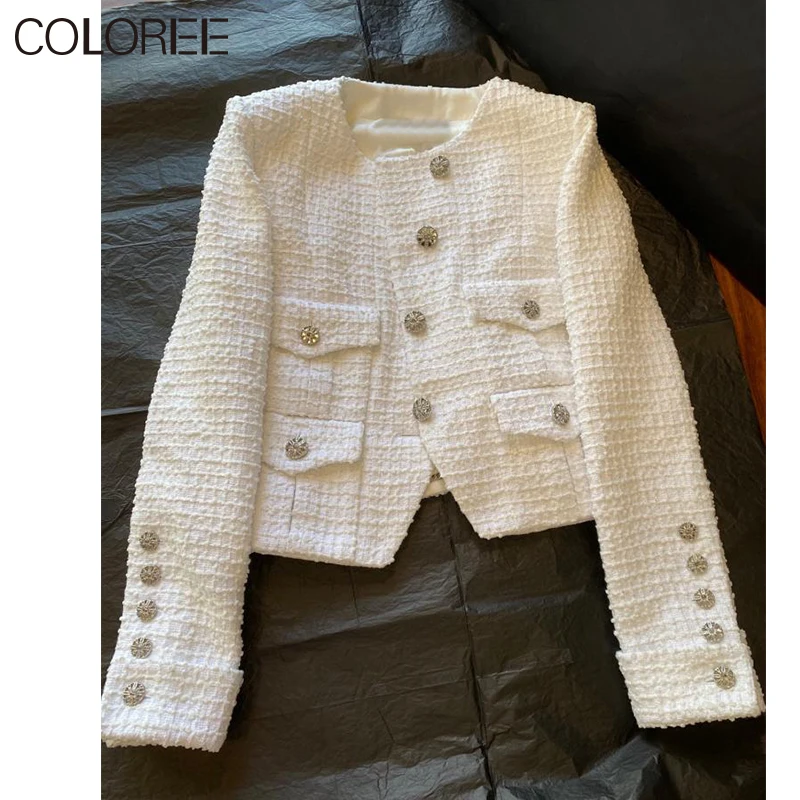 

Brand Designers White Tweed Jackets for Women 2023 Elegant Crystal Buttons Wool Coat Femme Korean Fashion Streetwear