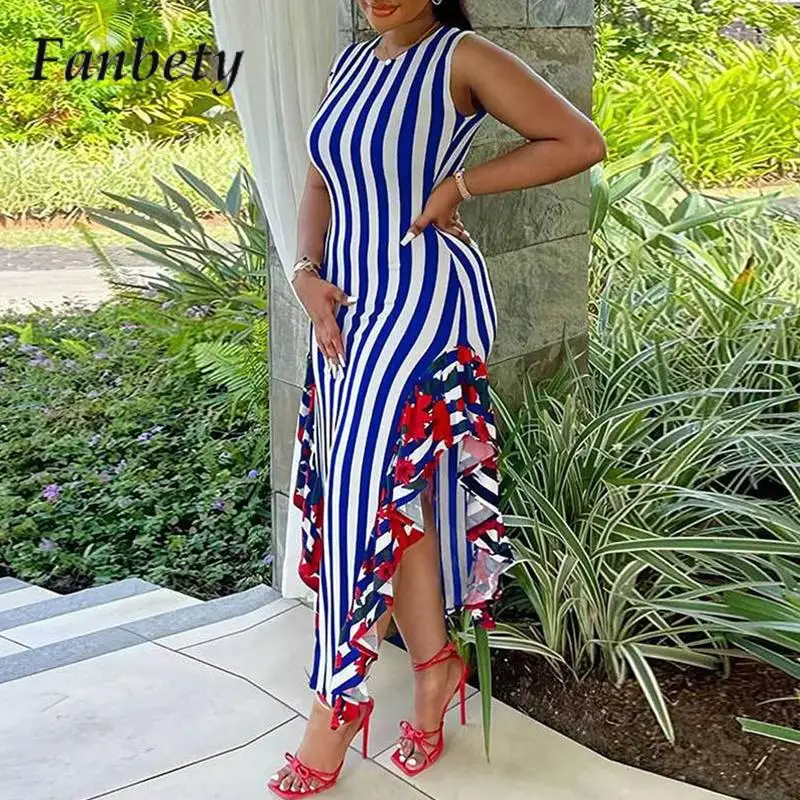 

Elegant Stitching Irregular Lace Dress Women Sleeveless Striped Slim-Fit Print Long Dress Fashion O-Neck Hip-Wrap Party Dresses