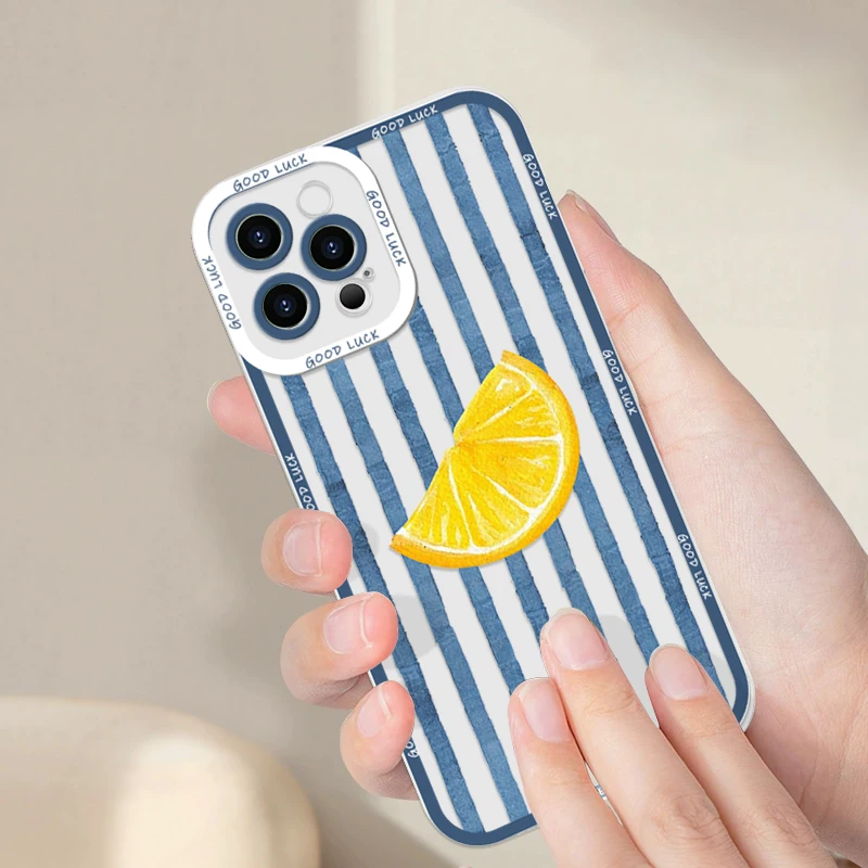 Stylish Blue Striped Lemon Print Clear Phone Case - Soft and Durable Cover