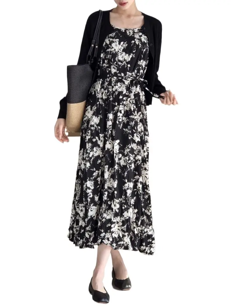 

Summer Chiffon New O-Neck Vintage Floral Printed Sling Long Dress Waistband Loose Waist Temperament Lightweight Cozy Vestidos