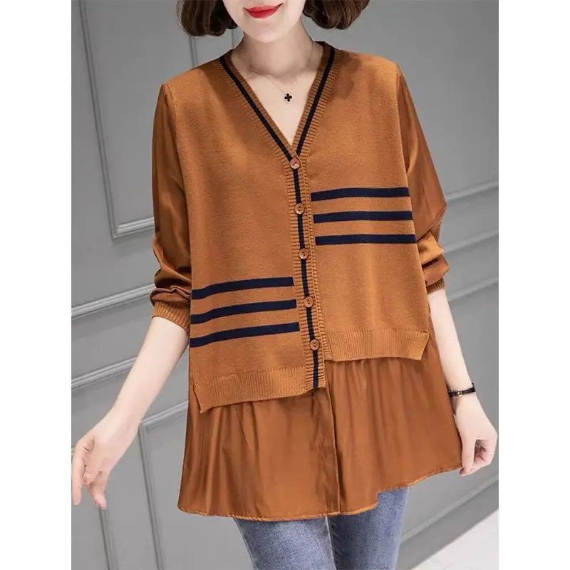 Fashion V-Neck Spliced Knitted Striped Fake Two Pieces Shirts Women's Clothing 2023 Autumn Winter Korean Tops Commuter Blouses