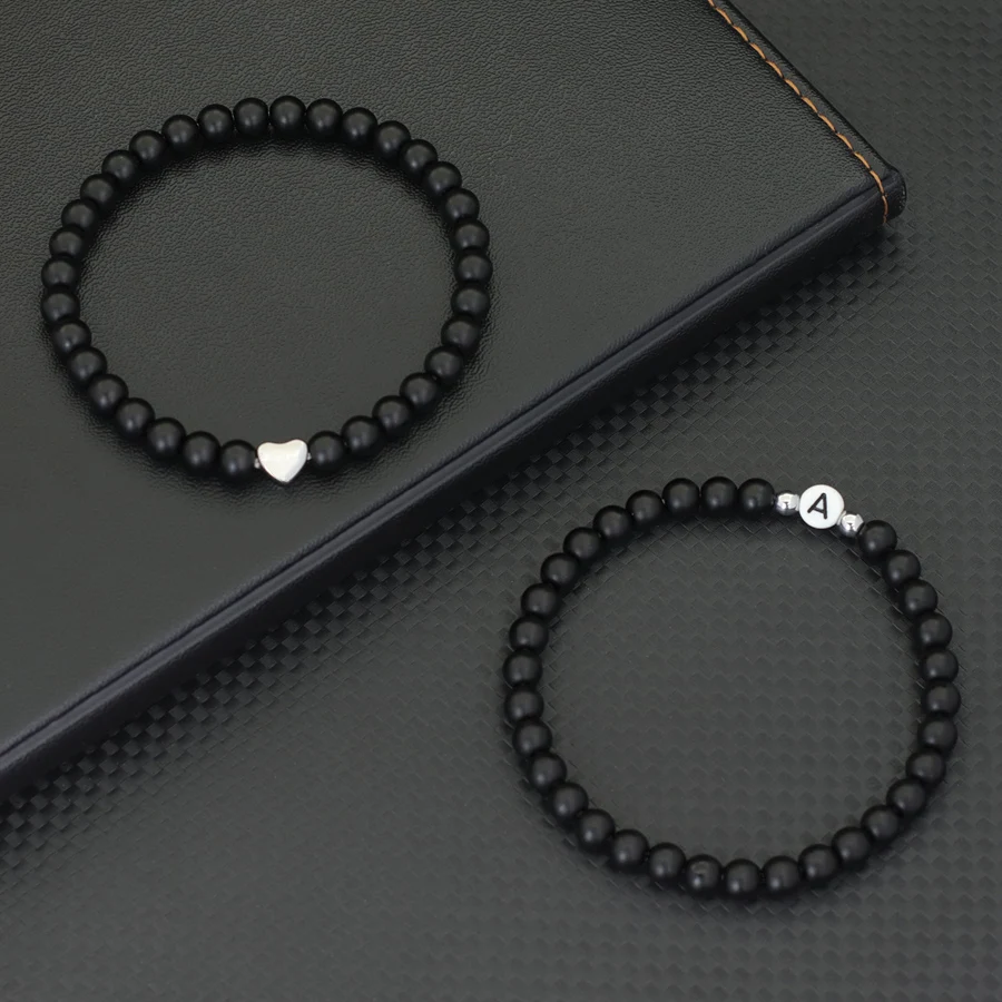 Onyx Stone Beaded Couple Bracelet Heart Valentine Gift