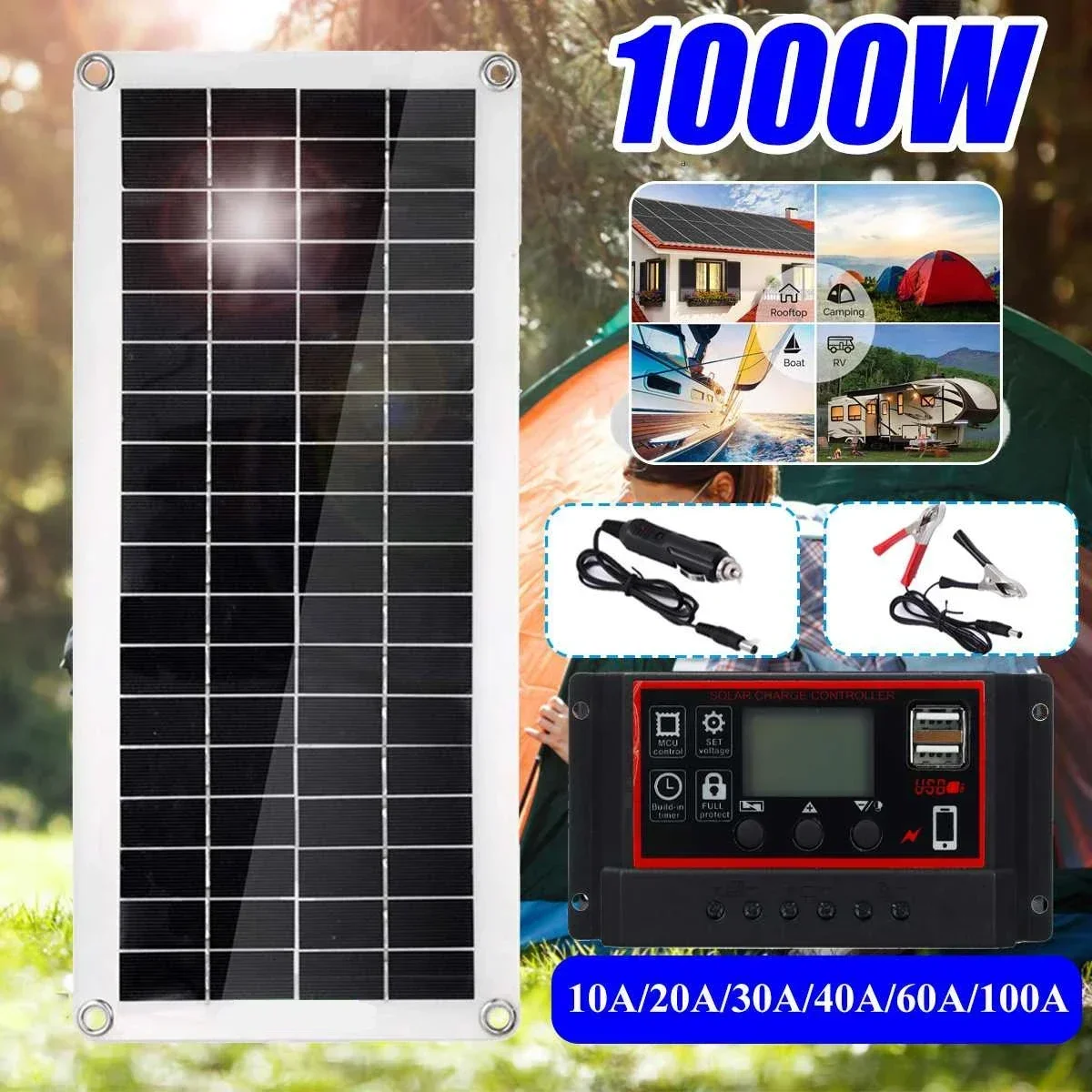 

Solar Panel Controller for Phone, RV Car, MP3 PAD Charger, Outdoor Battery Supply, 1000W, 12V, 10A-100A
