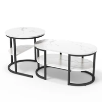 Tables d'appoint Superaly avec structure en métal pour salon, ensemble de 2 tables basses, cercles et ellipses, faciles à assembler, table à thé en MDF 4