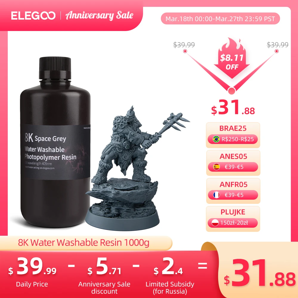 Elegoo 8K Stampante 3D Resina 405Nm Resina Lavabile In Acqua Resina Uv-Curing Migliore Per Saturn 2 8K Stampante 3D Space Grey 1000G