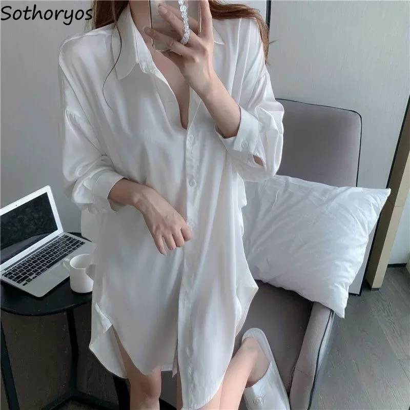 

White Ice Silk Nightgowns Women Long Sleeve Sleepshirts Sexy BF Autumn Newest Homewear Popular Elegant Nightdress Simple Daily