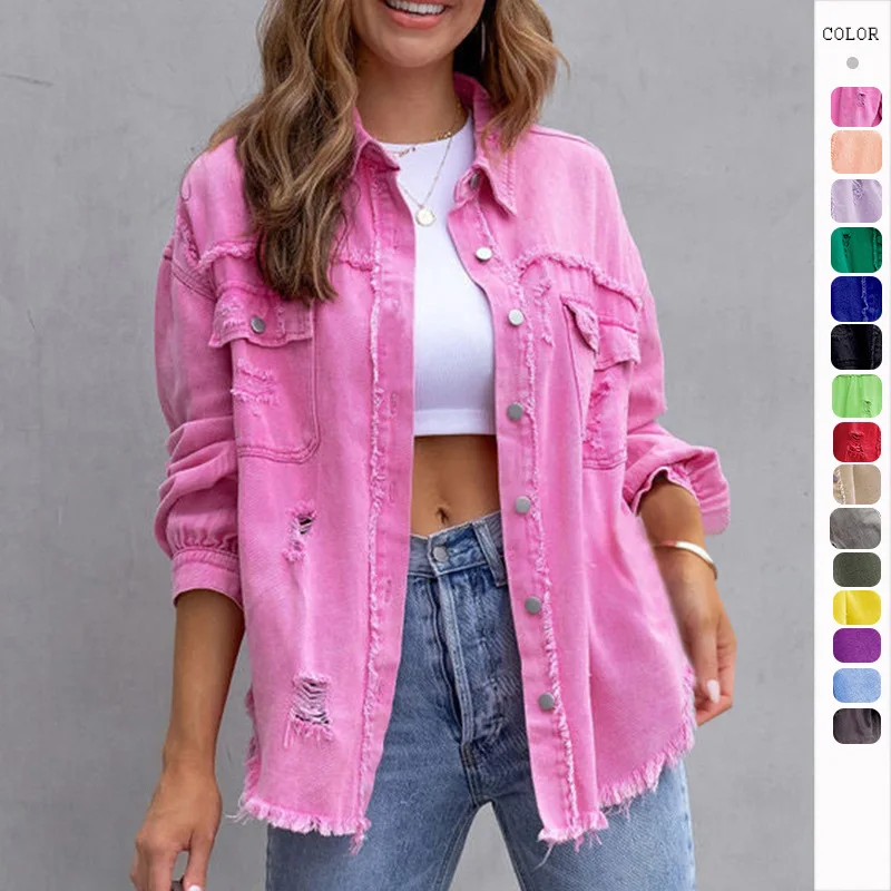 Denim Pink Ripped Jackets Women Tops Shirts Pocket Cargo Oversize Top Coats 2023 Winter Fall Women Fashion Clothes Jean Blouses
