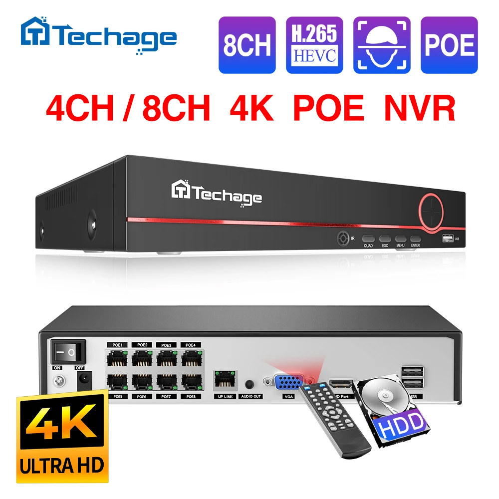 Techage H.265 8CH 4MP 5MP 8MP 1080P 4K POE NVR Two-way Audio Security Surveillance NVR Up to 16CH For POE IP Camera CCTV Video