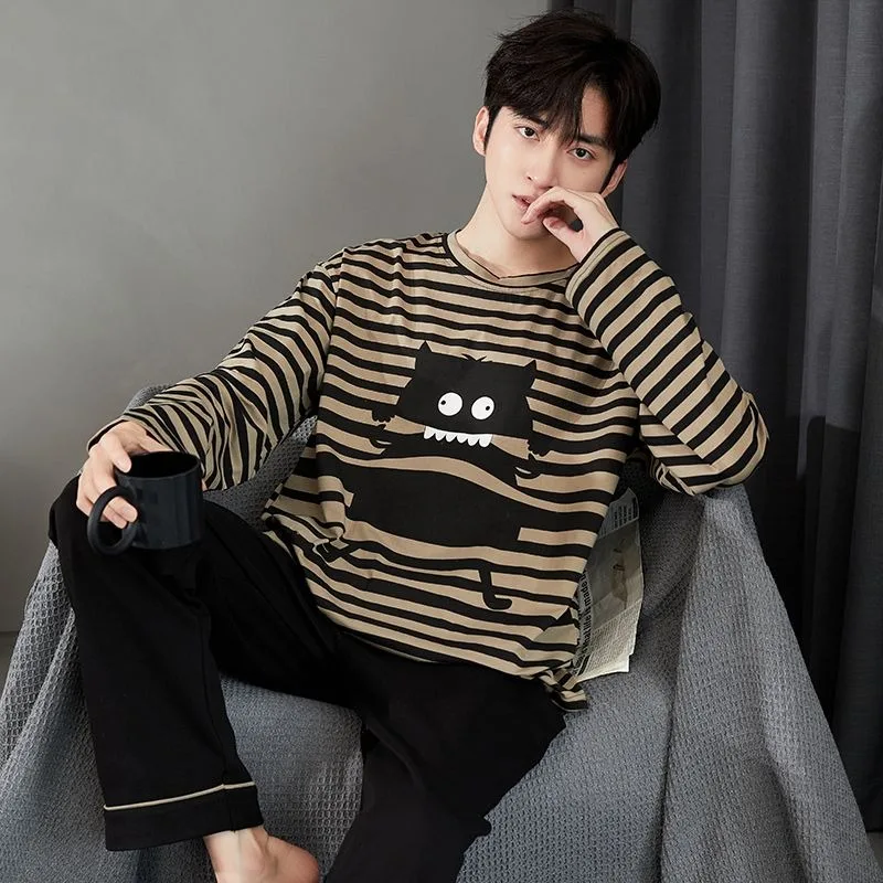 Men New Pajamas Long Sleeve Pure Cotton Pajamas Spring Autumn Pyjamas Casual Cartoon Nightdress Round Neck Loose Home Wear Set spring autumn pajamas women long sleeve pure cotton korean style loose fit outer wear set sweet solid color cotton tracksuit