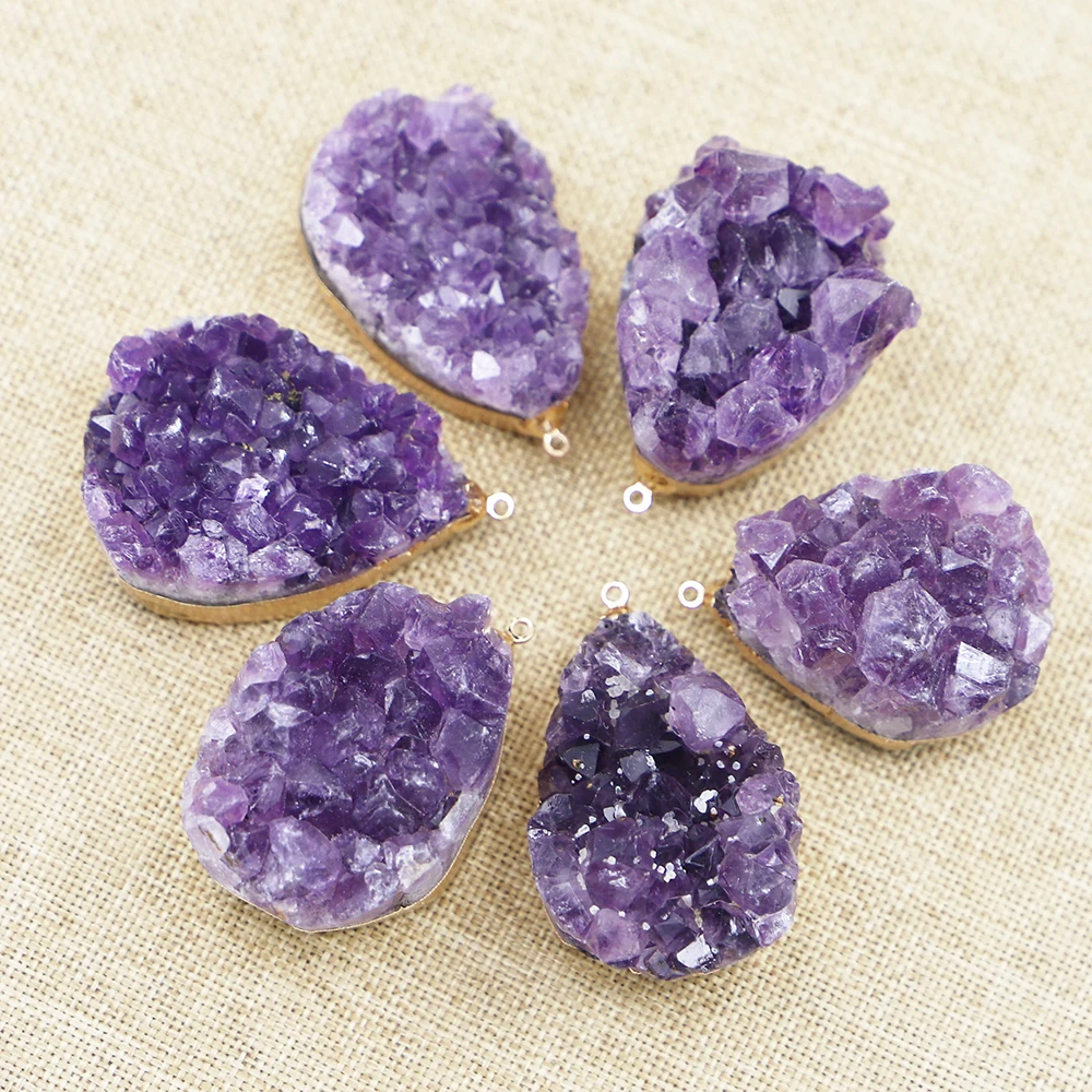 Natural Raw Stone Amethyst Pendant Water Droplets Phnom Penh Quartz Purple Crystal Cluster Healing Mineral Necklace Jewelry Gift